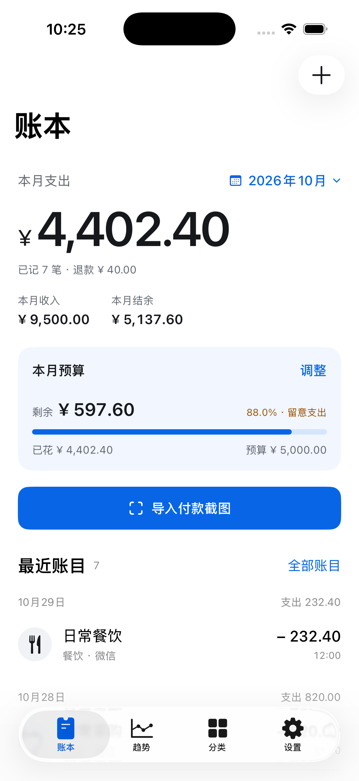 TapTally 账本与预算界面,展示合成账目